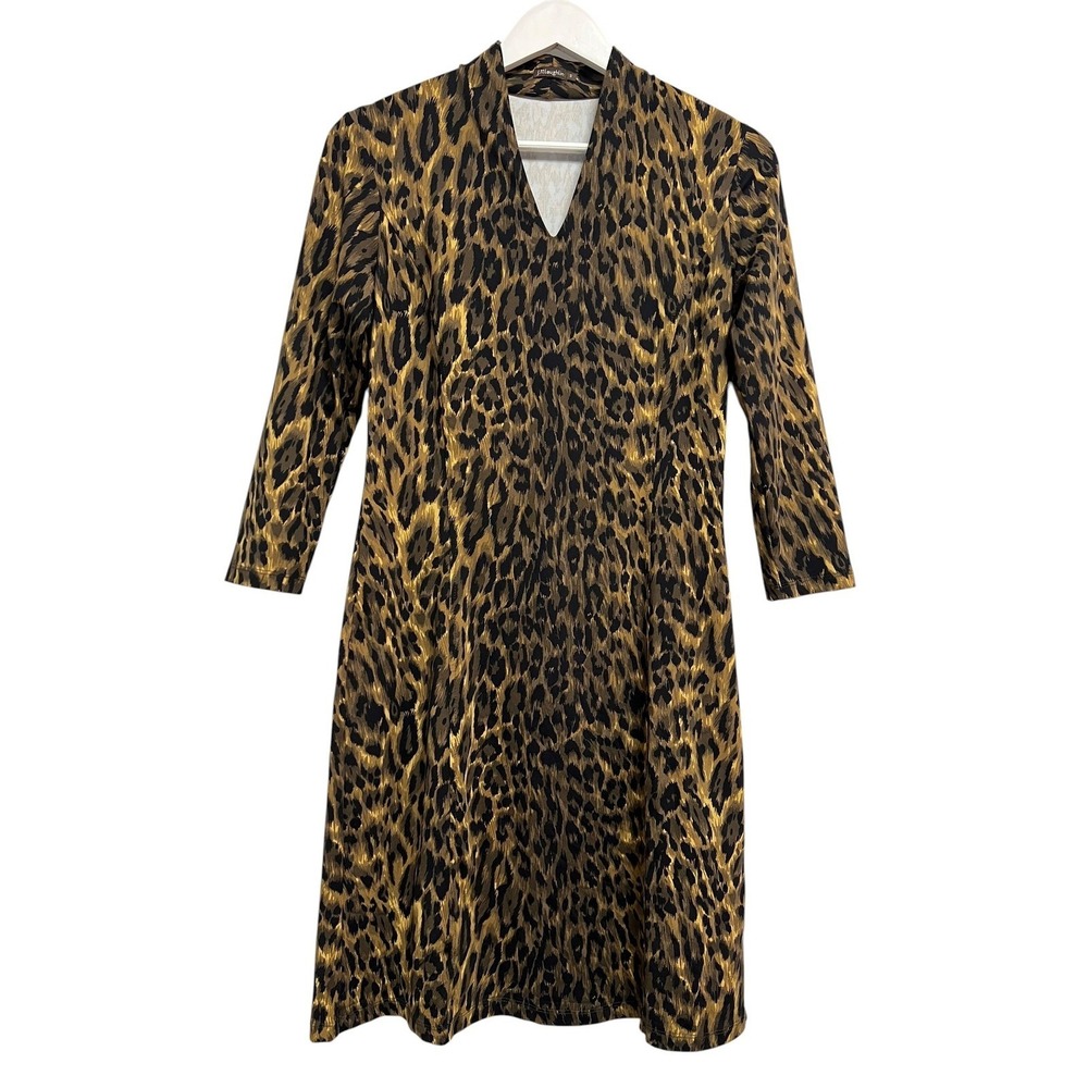 J.McLaughlin Sheath Dress Women S Brown Leopard V-Neck 3/4 Sleeve Animal Print